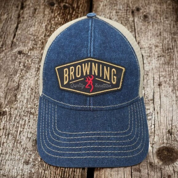Browning Slack Denim Mesh Snapback Cap Trucker Baseball Logo Patch Hunter Hat - Picture 1 of 14